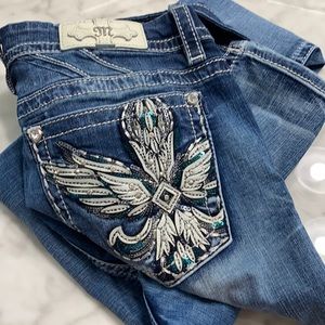 Miss Me Women’s Mid Rise, Easy Fit Skinny Embellished Jeans Sz 34W Inseam 31.5